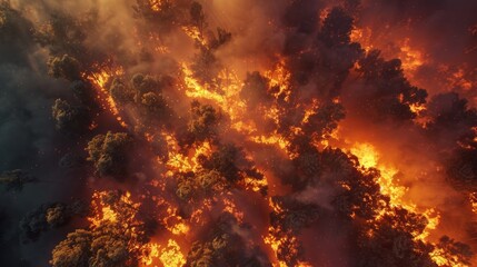 Aerial view of forest fire, devastating, natural disaster.