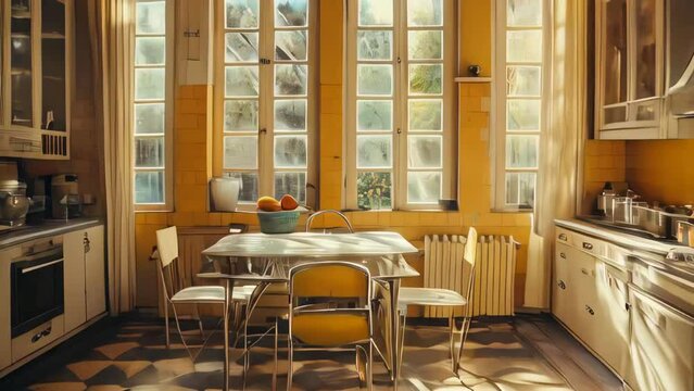 Kitchen interior with table and chairs. Vintage style toned picture