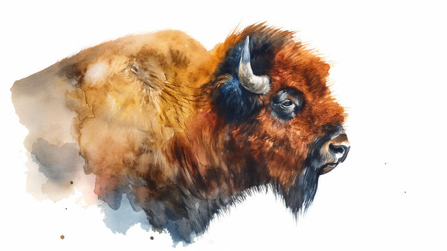 A buffalo is painted in watercolor with a brown and white color scheme