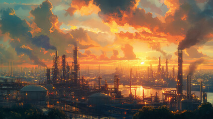 A city skyline with a sunset in the background