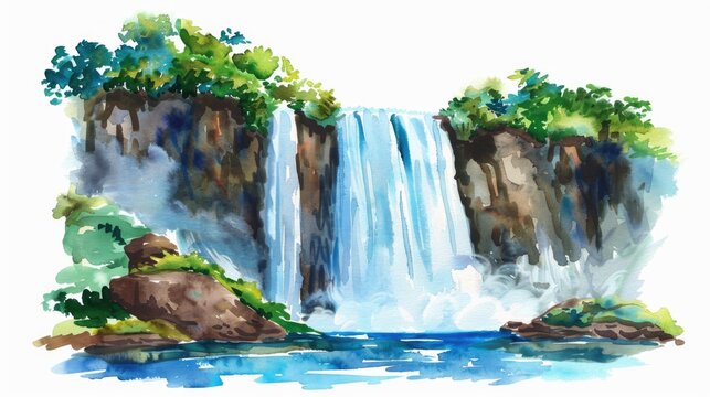 Majestic waterfall in watercolor clipart, powerful and serene, isolated on white background for natural beauty designs