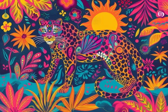 A painting depicting a leopard surrounded by a variety of colorful flowers in a lush and vibrant setting