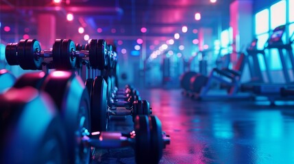 Modern gym with rows of dumbbells and ambient lighting.
