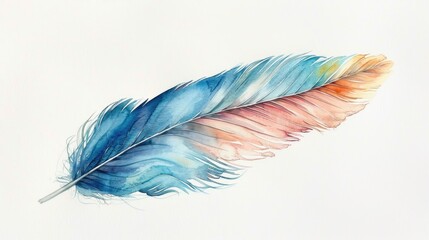 Watercolor art of a single feather, its details delicate and colors subtle, lying on a white background