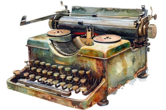 Vintage Typewriter In Watercolor, Clipart Style, Rich In Detail And Nostalgia, Isolated On White Background For Literary Themes