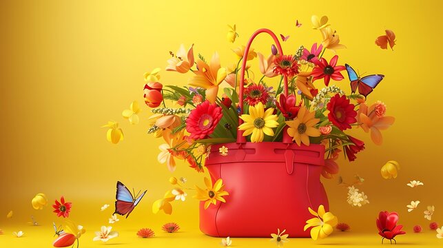 A red handbag surrounded by flowers and butterflies, with a yellow background, in the digital art  a fantasy illustration