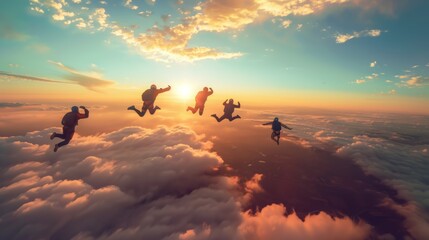 Skydivers in formation over breathtaking cloudscape at sunset. - obrazy, fototapety, plakaty