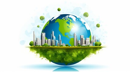 Hemisphere of planet Earth depicting city buildings and green landscapes against a clear sky.
Concept: combating planet pollution. Banner illustration