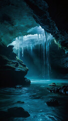 Icicle Cave with Waterfall, Winter Cave Scene with Icicles and Cascading Water, Frozen Waterfall Inside Cave