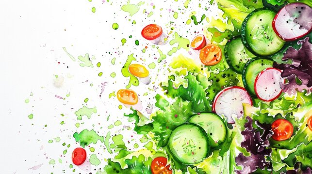 Watercolor depiction of a colorful salad with lettuce, cucumber, and radish, white background
