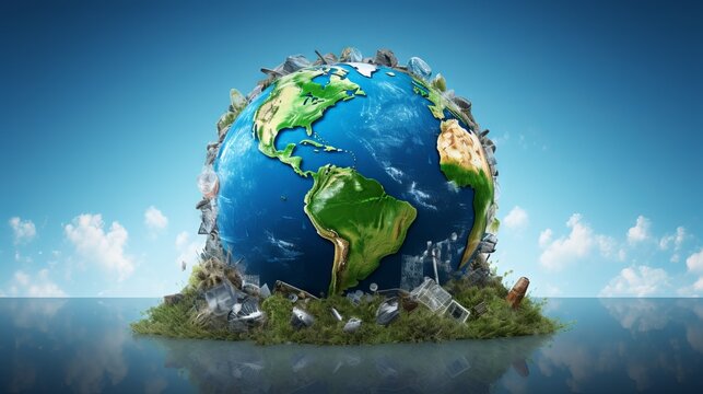 Planet Earth is surrounded by debris floating in the ocean, highlighting environmental issues.
Concept: combating planet pollution. Banner illustration