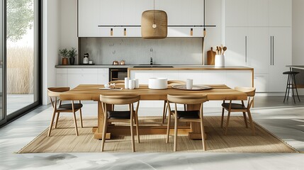 Visualize a modern kitchen dining room featuring a large wooden table, designer chairs, and minimalistic decor 