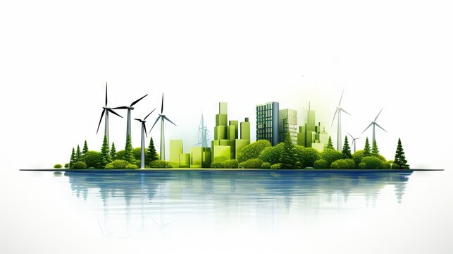 An urban utopia with green skyscrapers and a verdant landscape highlighting the harmonious coexistence of nature and urbanization.