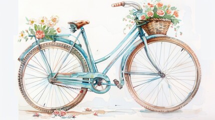 Fototapeta na wymiar Watercolor depiction of a vintage bicycle with a basket of flowers, standing alone on a white background