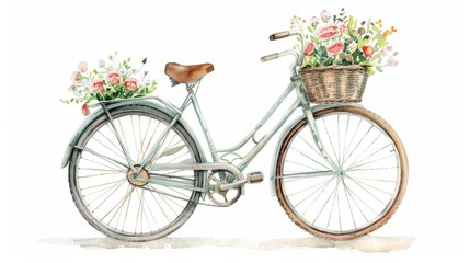 Watercolor depiction of a vintage bicycle with a basket of flowers, standing alone on a white background - obrazy, fototapety, plakaty