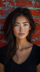 Fototapeta premium Portrait of Asian attractive woman against background of red brick wall