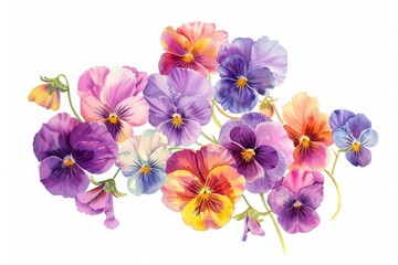 Watercolor illustration of a charming array of Viola flowers, capturing the essence of spring with their vibrant colors and forms, on white