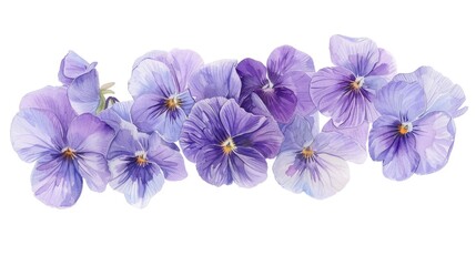 Watercolor illustration of a lush spread of Viola rostrata, their pale violet petals and distinctive spur, richly detailed against white