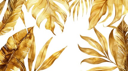 Watercolor illustration of a luxurious spread of gold palm leaves, their broad shapes and lines rich in golden tones against white