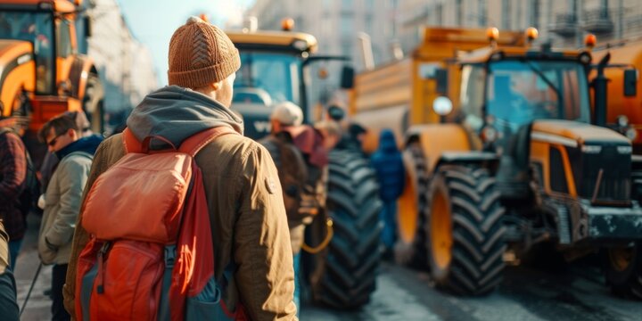 Farmers blocked traffic with tractors during a protest. Generative AI.