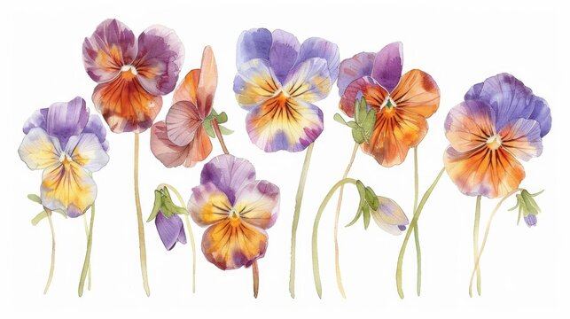 Watercolor painting of a collection of Viola pedunculata, their golden centers and orange petals vividly coming to life on a white background