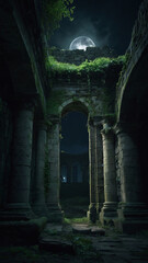 Eerie Ruins of a Gothic Castle Bathed in Moonlight