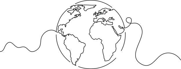 Earth globe in one continuous line drawing. One line international business poster. Outline earth globe.  Eco, bio, green energy concept. Vector illustration