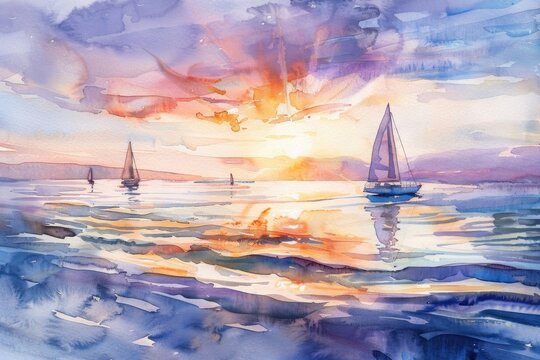 Watercolor painting of a tranquil seaside at sunset, with sailboats in the distance and a calm sea, all softly depicted against white