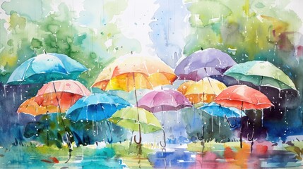 Watercolor scene of a rainy day, colorful umbrellas dotting the landscape, on a white background