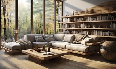 The interior of the living room is well-lit and features a slate lounge, a rustic coffee table, and a large window.