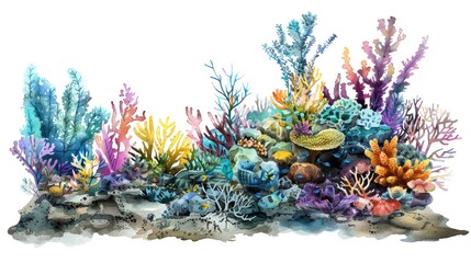Fototapeta na wymiar Watercolor scene of a vibrant coral reef, teeming with sea life, a hidden world, on a white background