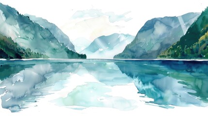 Watercolor sketch of a serene lake surrounded by mountains, a mirror to the sky above, on a white background - obrazy, fototapety, plakaty