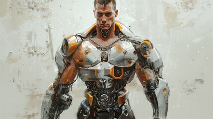 Visualize a striking image of a man with a muscular robot physique, seamlessly blending human and machine elements. 