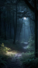 Obraz premium Eerie Path Through a Dark Forest at Night