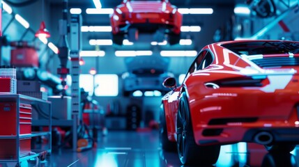 A meticulously equipped automotive workshop showcases an advanced virtual mechanic system, with robotic arms and a high-end sports car poised for AI-assisted maintenance or customization.