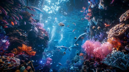 Fototapeta na wymiar Dive into the vibrant virtual reality of an underwater exploration game, where dazzling marine life and coral gardens come alive in a symphony of colors.