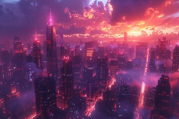 Fototapeta premium Futuristic city under dramatic pink sky