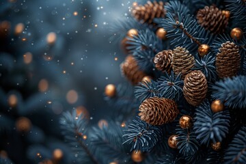 A dark blue background with a Christmas tree in the background.