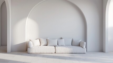 sofa with pillows in the center of an empty white room with arched doorways. The interior is...