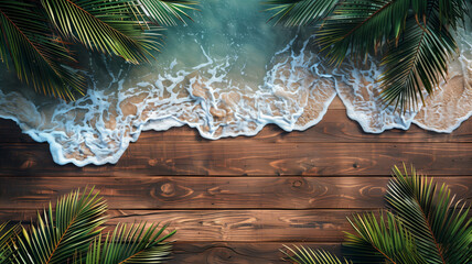 Wooden floor with palm leaves, sand, and sea background. summer and vacation concept. product display montage.