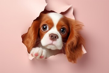 A King Charles spaniel dog peeks out of a hole in the pink wall. background. pet. a decorative breed of dog.