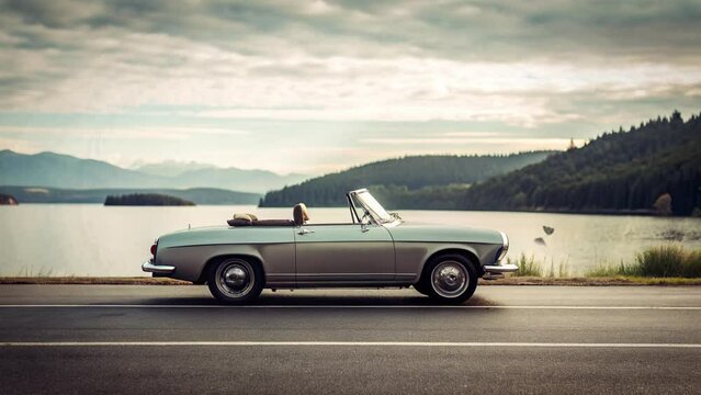 classic old car by the lake with clear sky and black striped effect