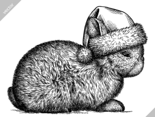 Foto op Aluminium Vintage engraving isolated rabbit set dressed christmas illustration hare ink santa costume sketch. Easter bunny background jackrabbit silhouette new year hat art. Black and white vector image © Turaev