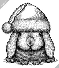 Vintage engraving isolated rabbit set dressed christmas illustration hare ink santa costume sketch. Easter bunny background jackrabbit silhouette new year hat art. Black and white vector image - 765814753