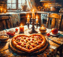 Foto op Plexiglas Heart-shaped pizza in a cozy rustic kitchen setting © dragon_fang