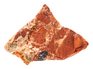 close up of sample of natural stone from geological collection - raw red jasper mineral isolated on white background