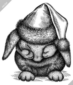 Vintage engraving isolated rabbit set dressed christmas illustration hare ink santa costume sketch. Easter bunny background jackrabbit silhouette new year hat art. Black and white vector image