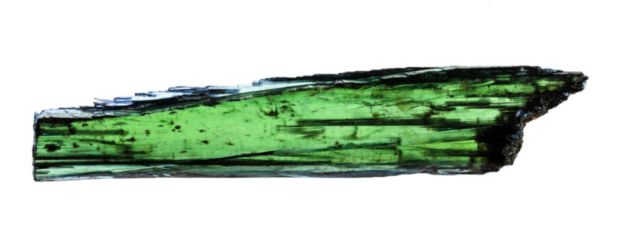 close up of sample of natural stone from geological collection - raw vivianite crystal isolated on white background from Brazil