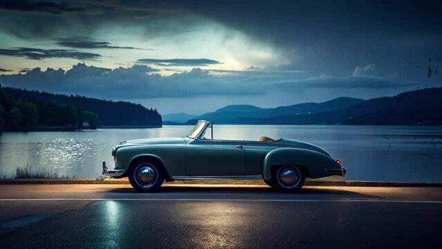 The old school car that was photographed in the late afternoon was photographed on the edge of a large lake