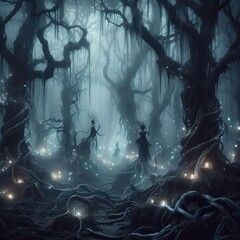 Mystical Forest Scene with Ethereal Figures and Bioluminescent Flora